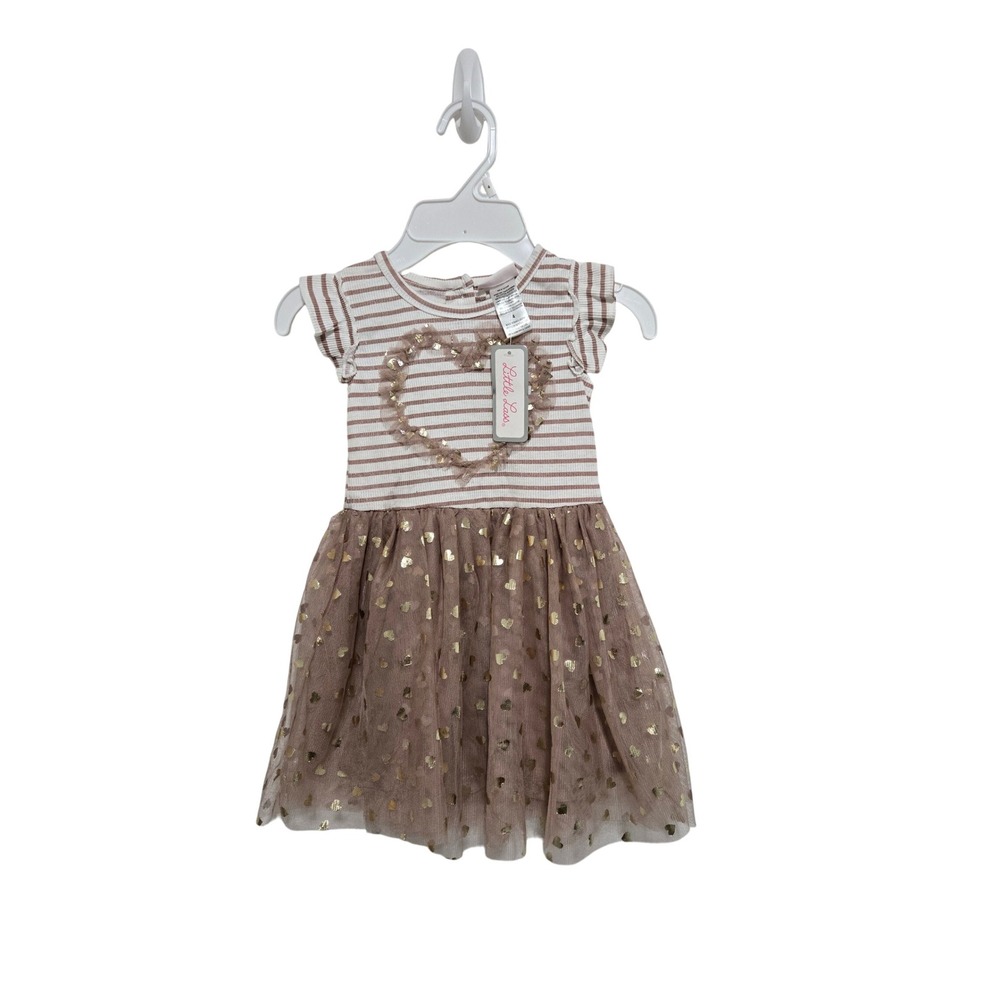 Little Lass Girls Dress Size 4 Brown White Striped Heart Tulle Party‎ Casual